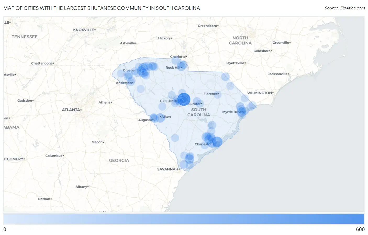 Cities with the Largest Bhutanese Community in South Carolina Map