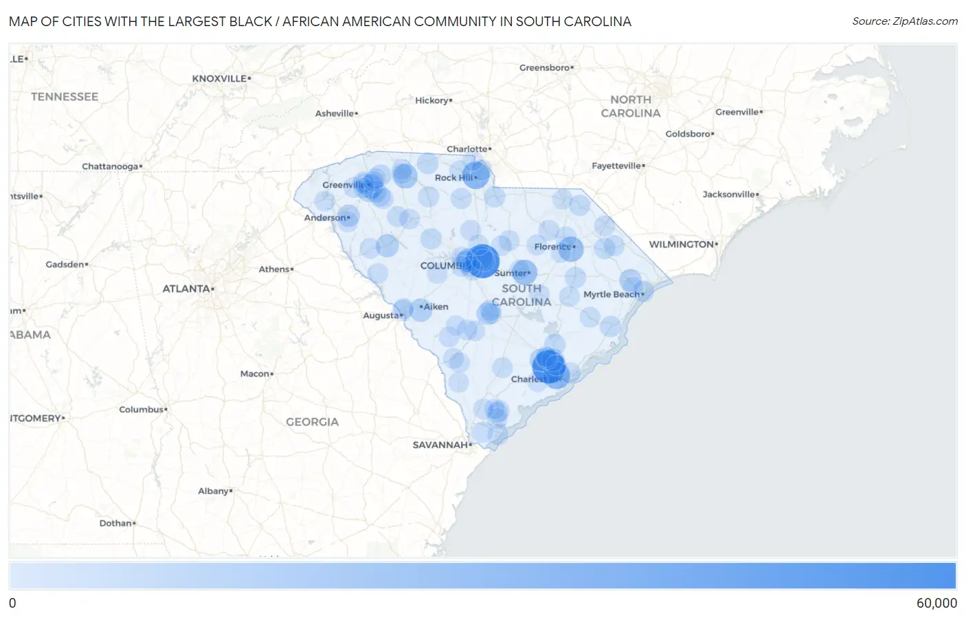 Cities with the Largest Black / African American Community in South Carolina Map
