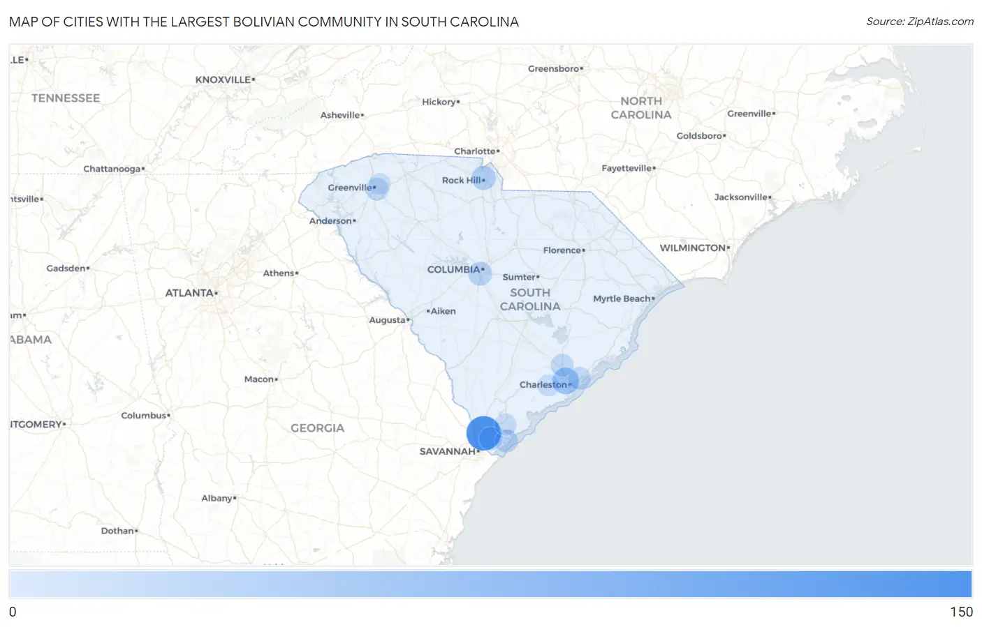 Cities with the Largest Bolivian Community in South Carolina Map