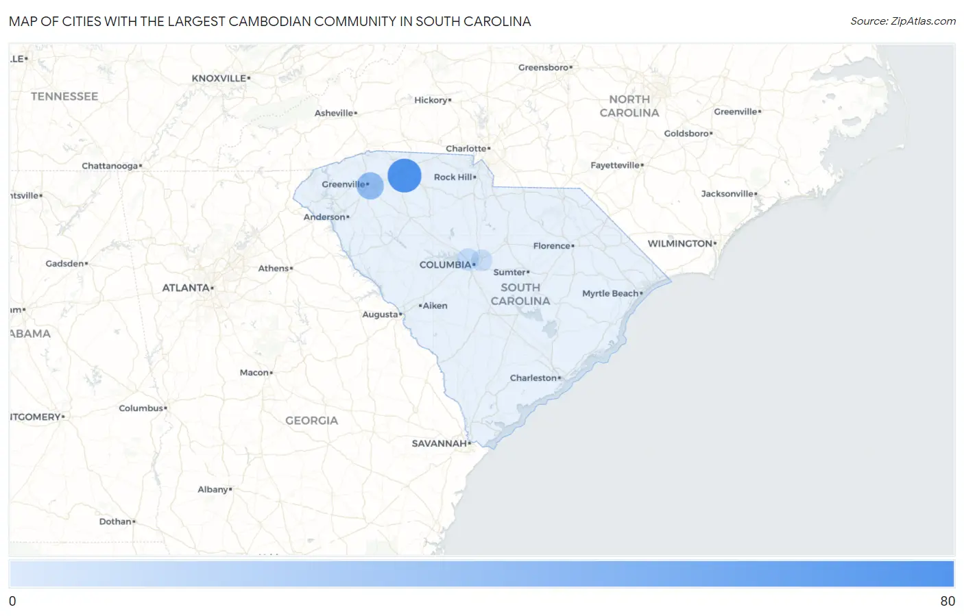 Cities with the Largest Cambodian Community in South Carolina Map
