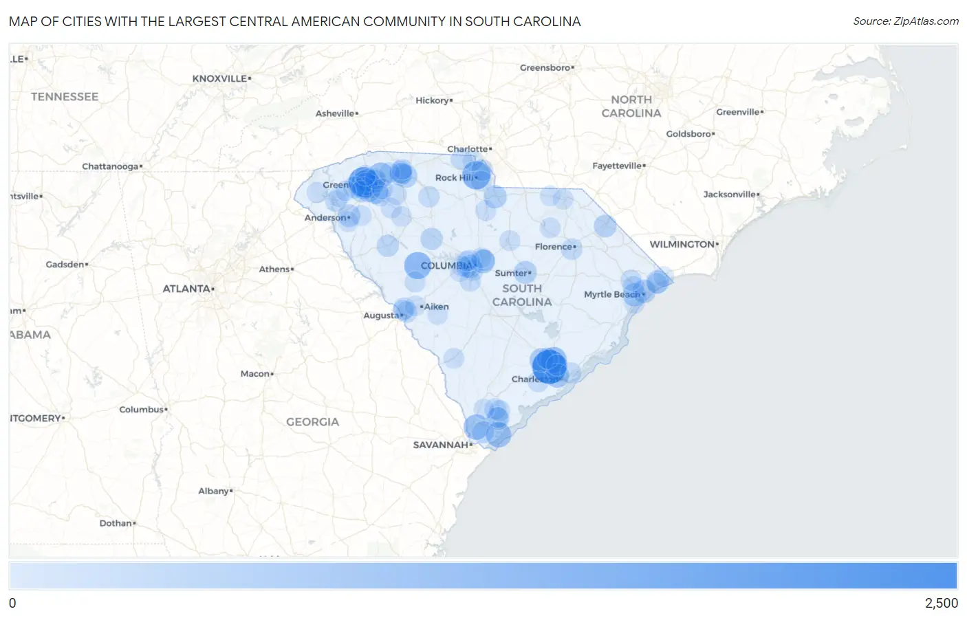 Cities with the Largest Central American Community in South Carolina Map