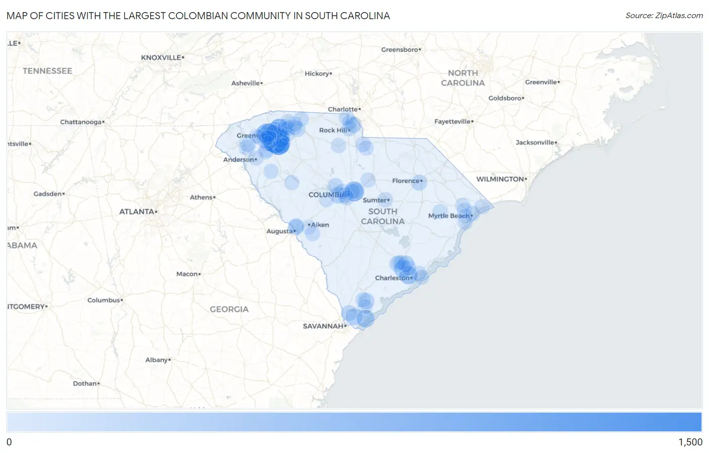 Cities with the Largest Colombian Community in South Carolina Map