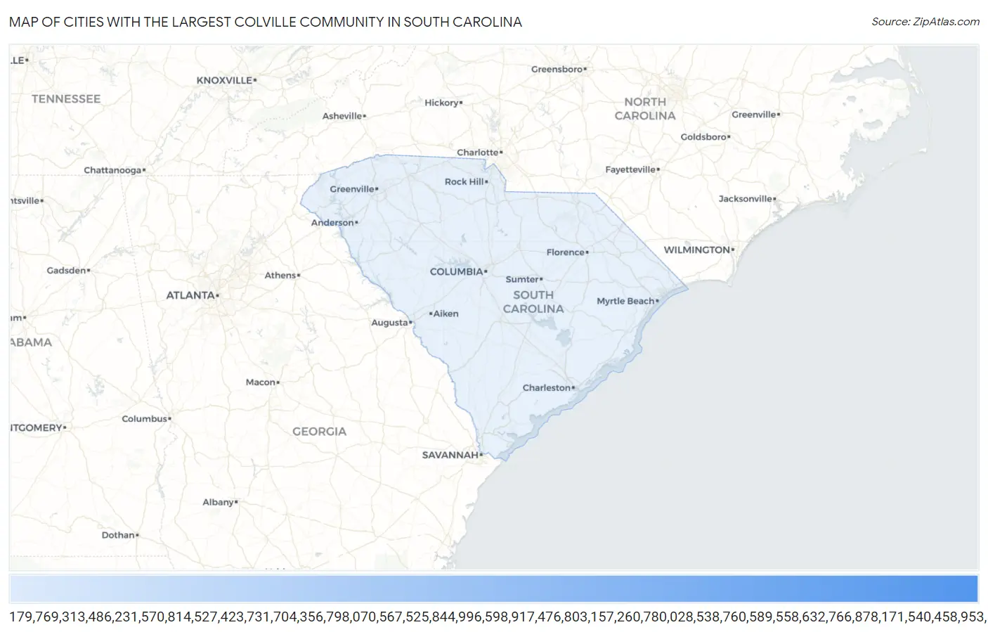 Cities with the Largest Colville Community in South Carolina Map
