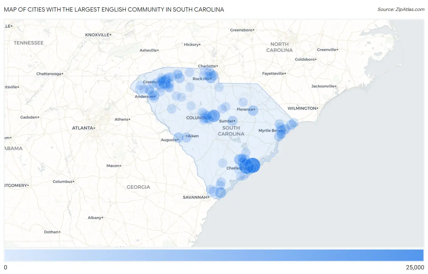 Cities with the Largest English Community in South Carolina Map