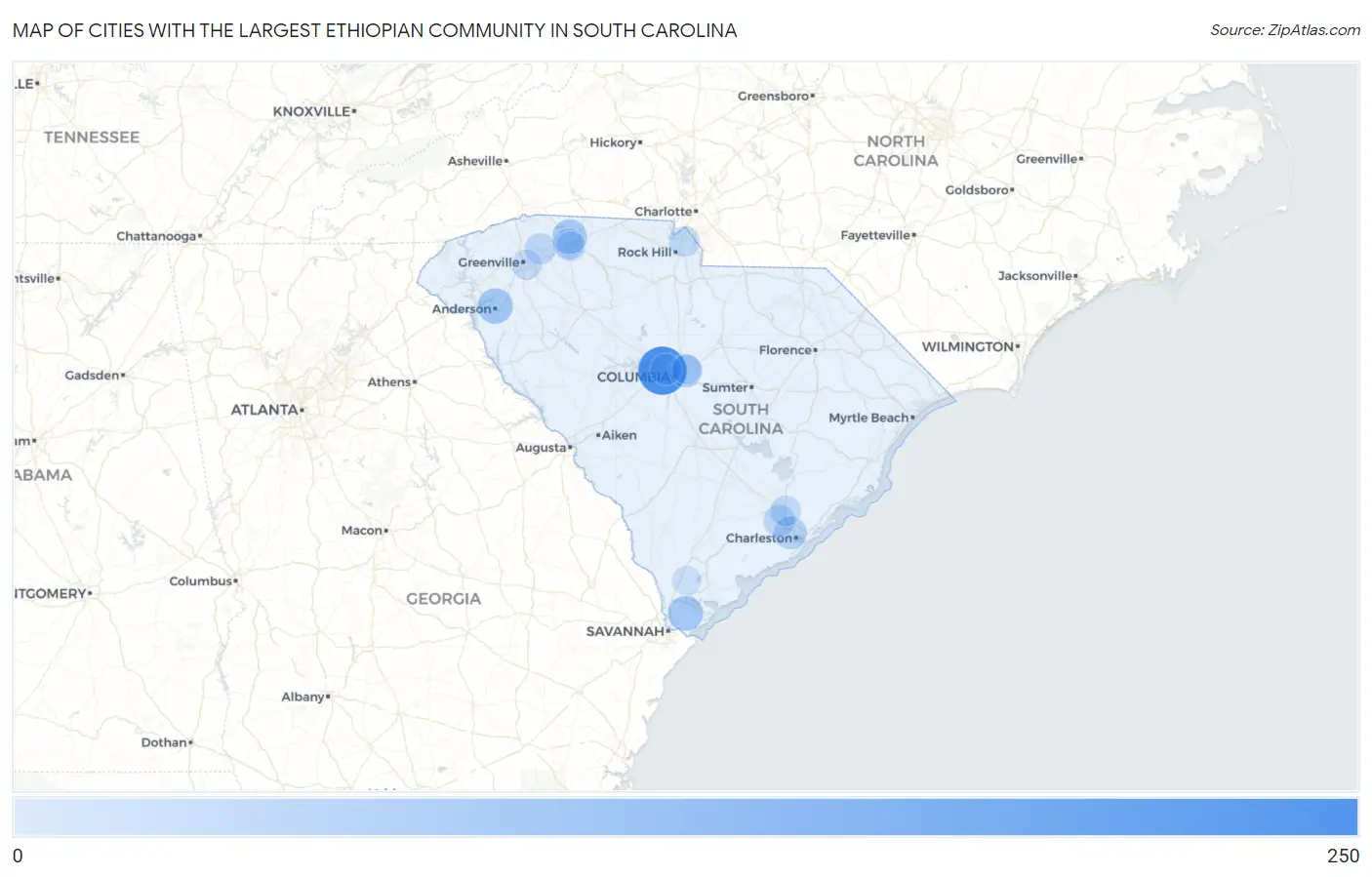 Cities with the Largest Ethiopian Community in South Carolina Map