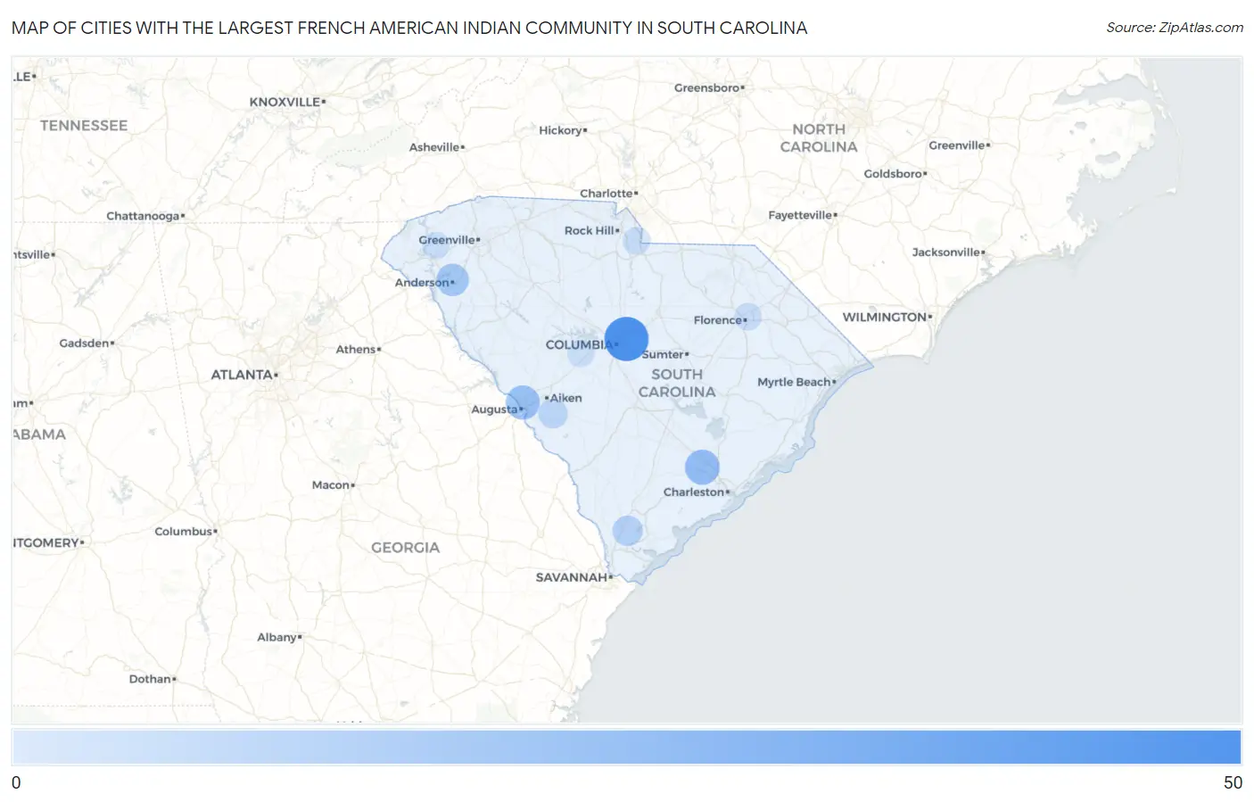 Cities with the Largest French American Indian Community in South Carolina Map