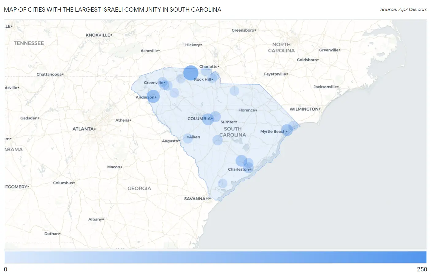 Cities with the Largest Israeli Community in South Carolina Map