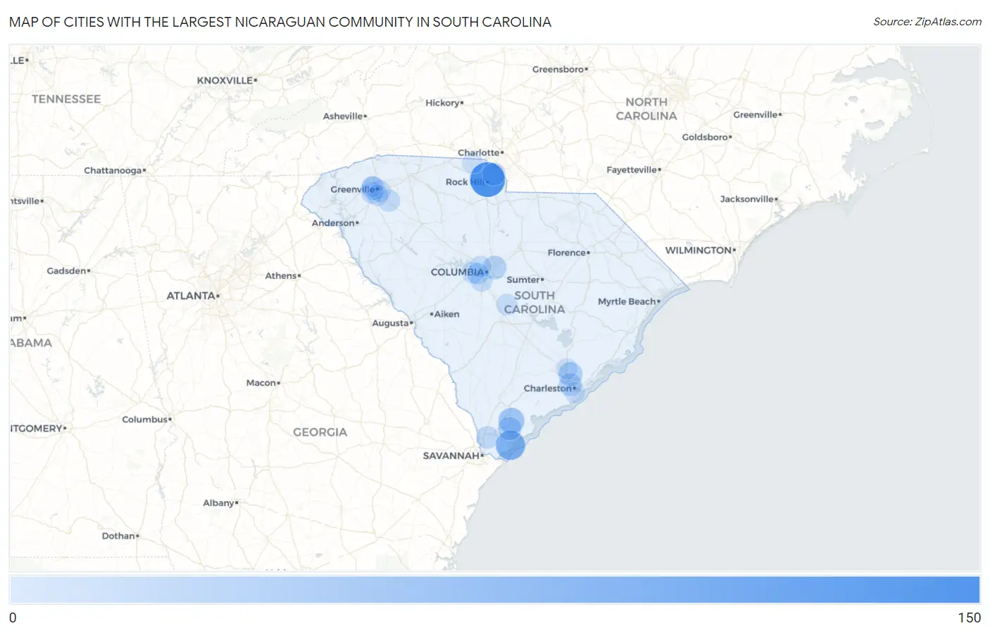 Cities with the Largest Nicaraguan Community in South Carolina Map