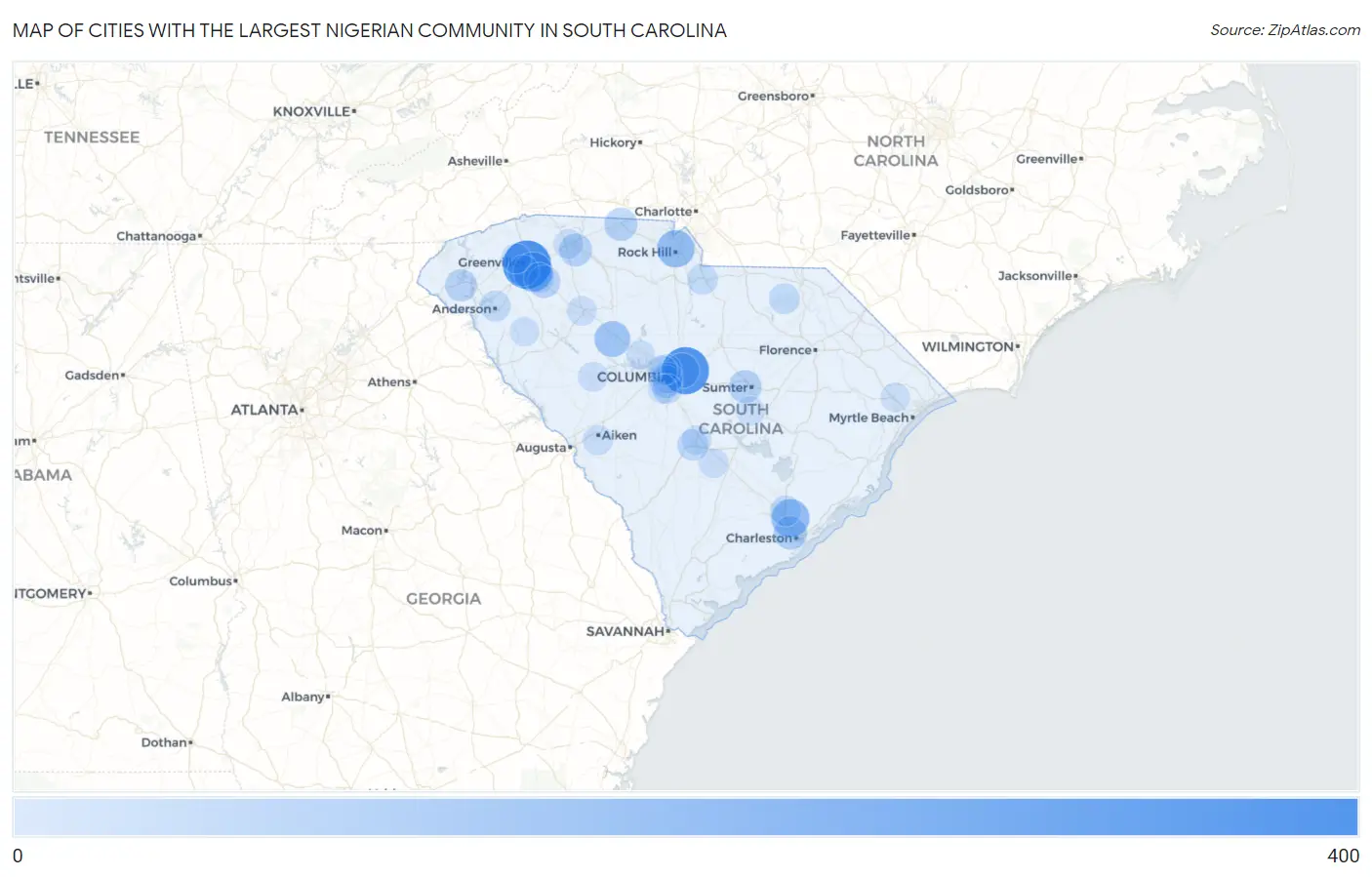 Cities with the Largest Nigerian Community in South Carolina Map