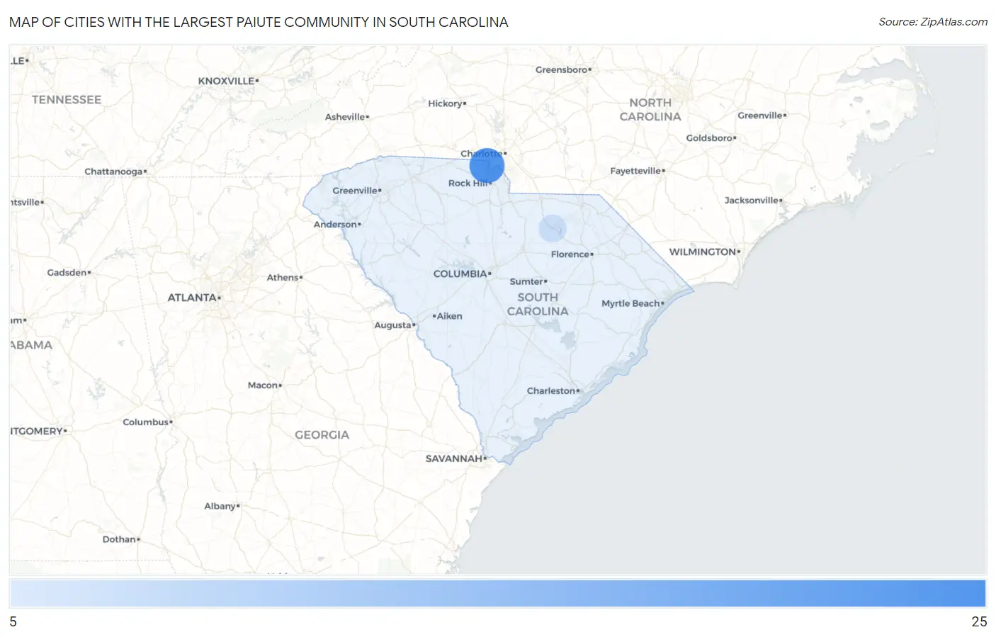Cities with the Largest Paiute Community in South Carolina Map