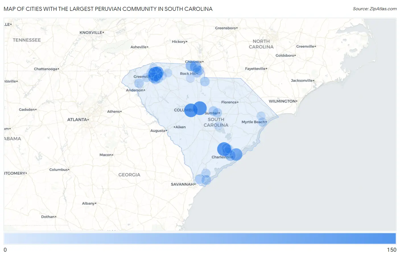 Cities with the Largest Peruvian Community in South Carolina Map