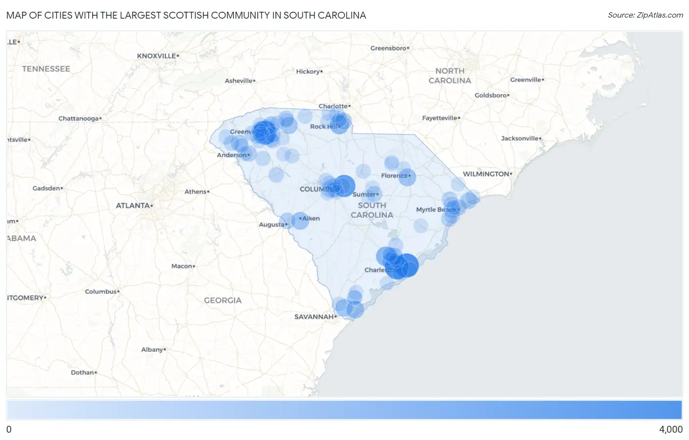 Cities with the Largest Scottish Community in South Carolina Map