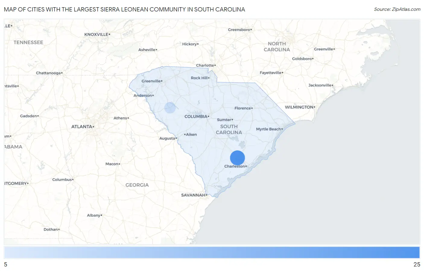 Cities with the Largest Sierra Leonean Community in South Carolina Map