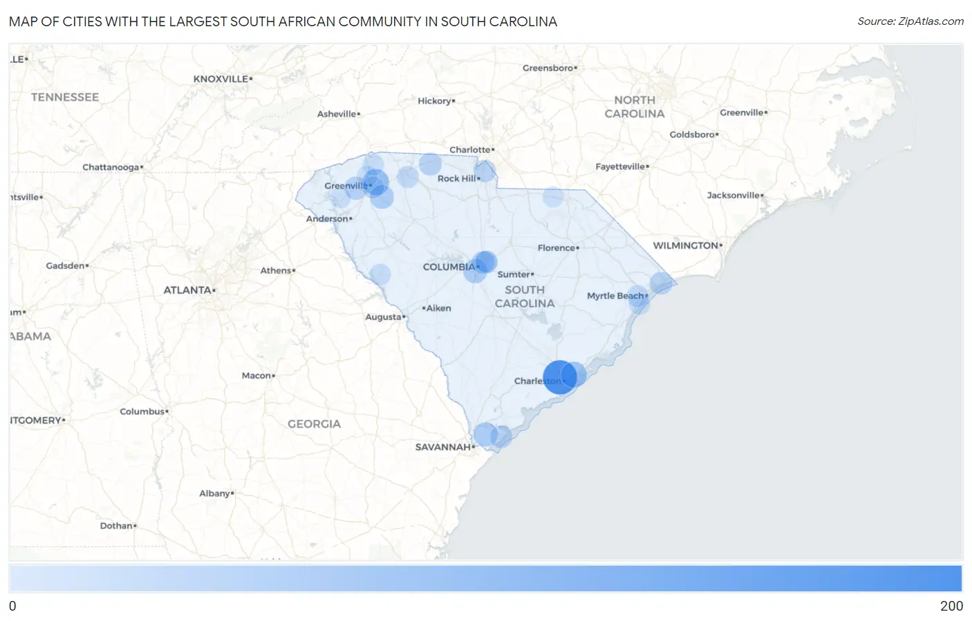 Cities with the Largest South African Community in South Carolina Map