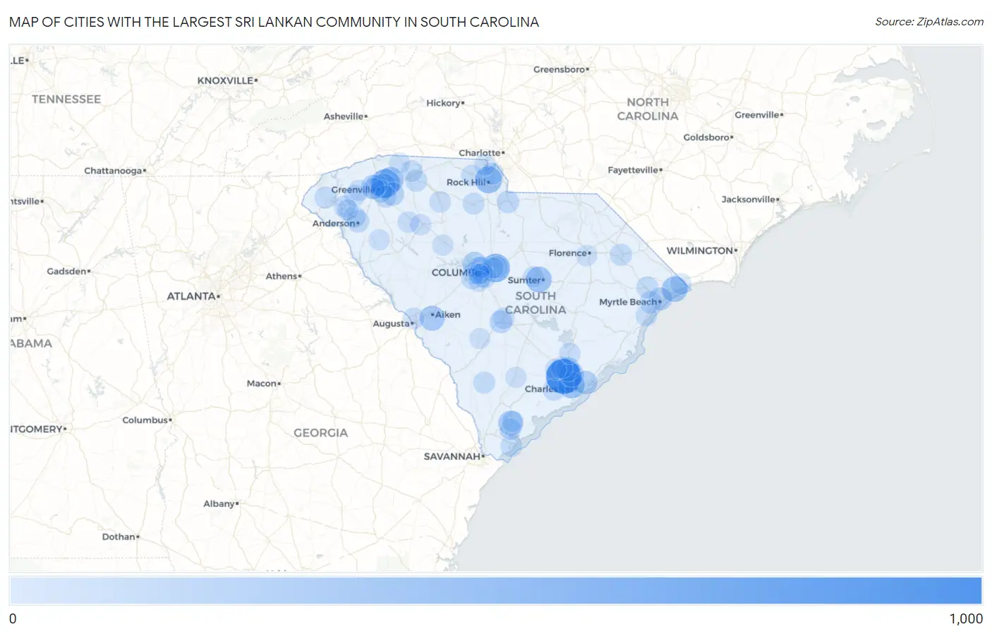 Cities with the Largest Sri Lankan Community in South Carolina Map