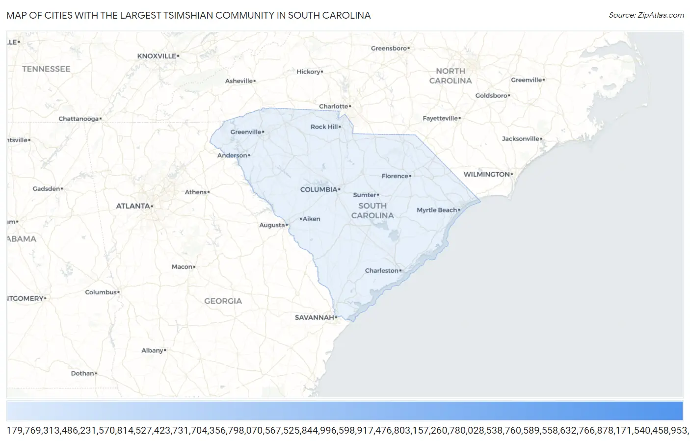 Cities with the Largest Tsimshian Community in South Carolina Map