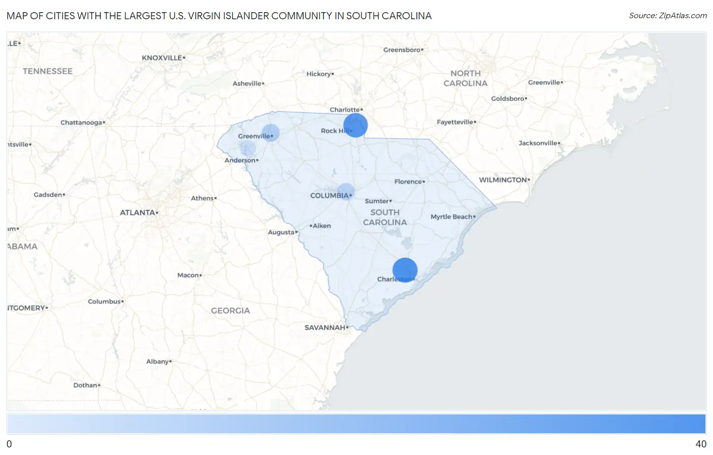Cities with the Largest U.S. Virgin Islander Community in South Carolina Map