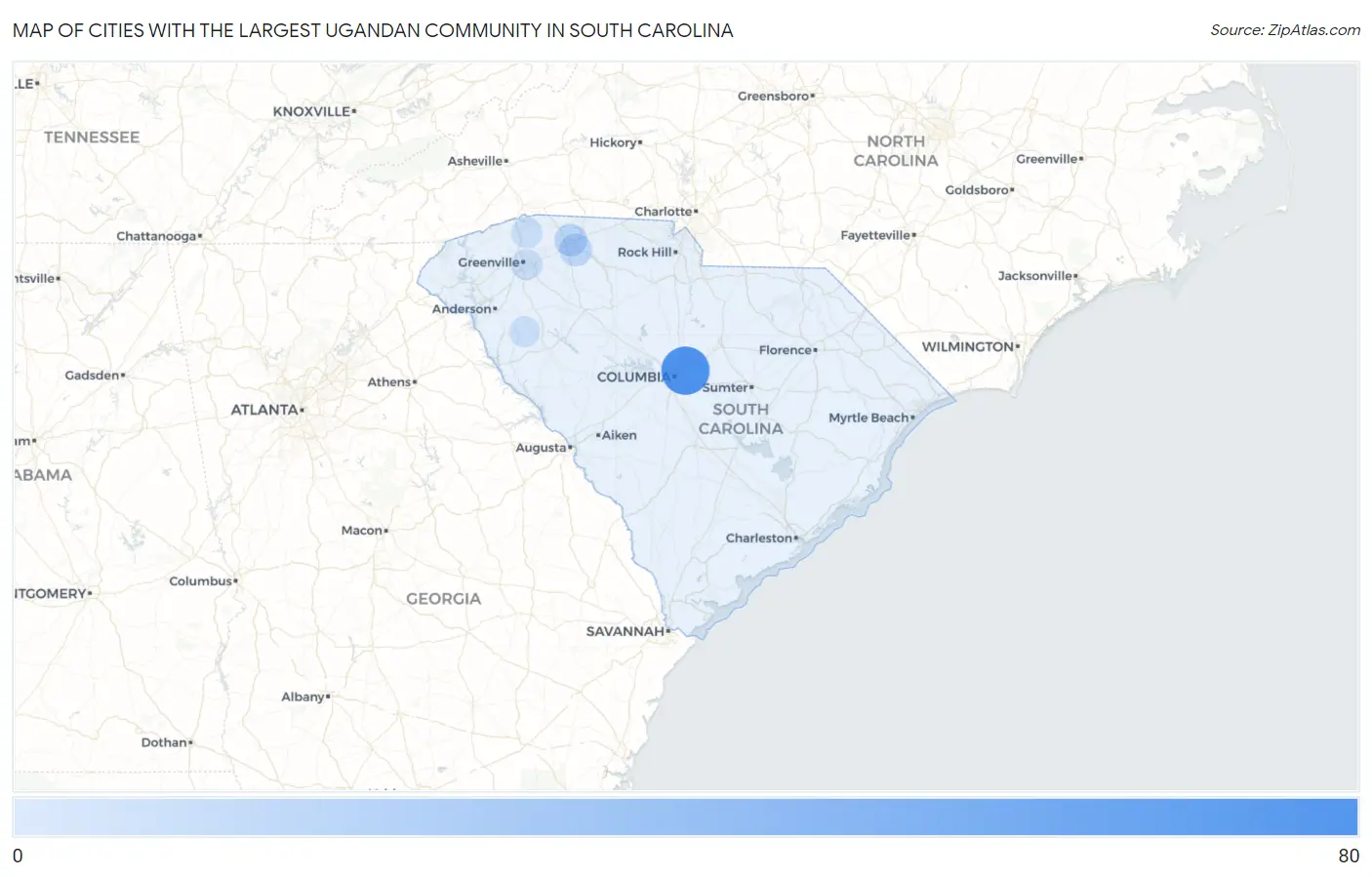 Cities with the Largest Ugandan Community in South Carolina Map