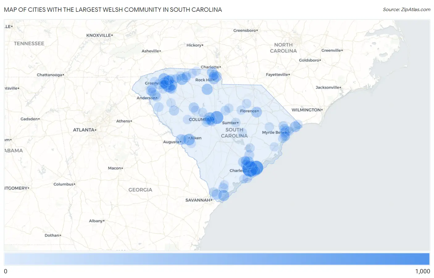 Cities with the Largest Welsh Community in South Carolina Map