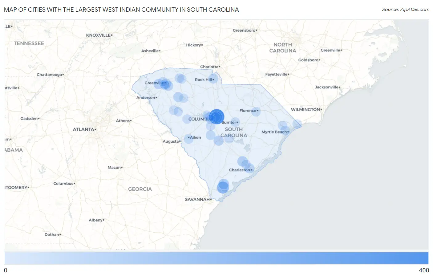 Cities with the Largest West Indian Community in South Carolina Map