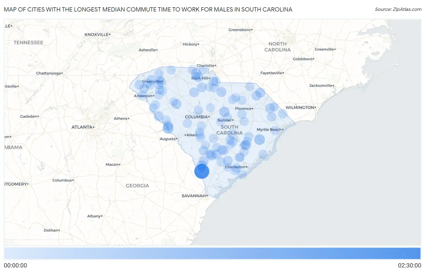 Cities with the Longest Median Commute Time to Work for Males in South Carolina Map