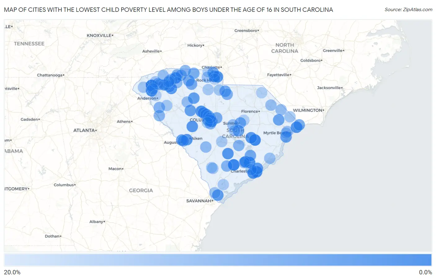 Cities with the Lowest Child Poverty Level Among Boys Under the Age of 16 in South Carolina Map