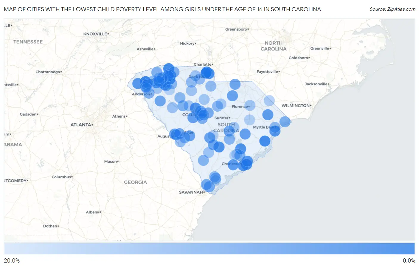 Cities with the Lowest Child Poverty Level Among Girls Under the Age of 16 in South Carolina Map
