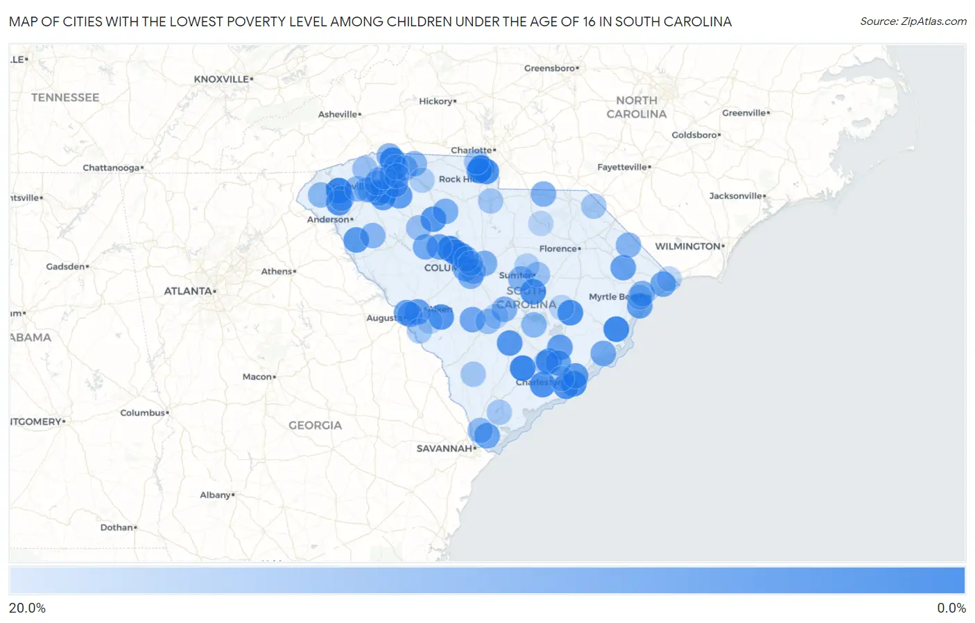 Cities with the Lowest Poverty Level Among Children Under the Age of 16 in South Carolina Map