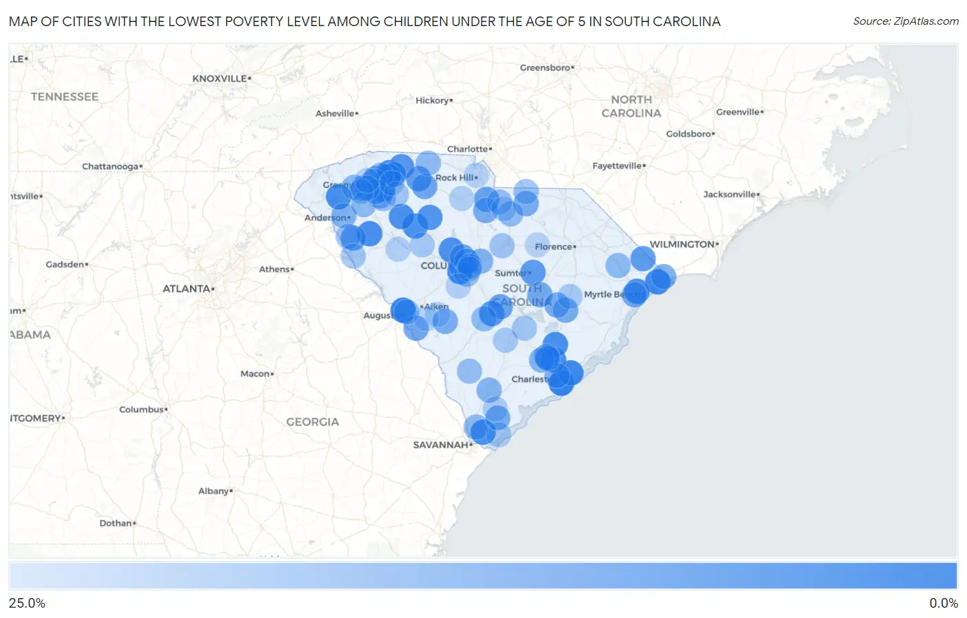 Cities with the Lowest Poverty Level Among Children Under the Age of 5 in South Carolina Map