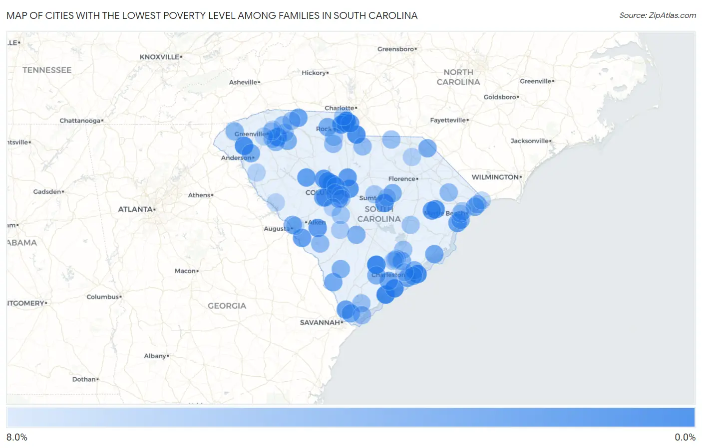 Cities with the Lowest Poverty Level Among Families in South Carolina Map