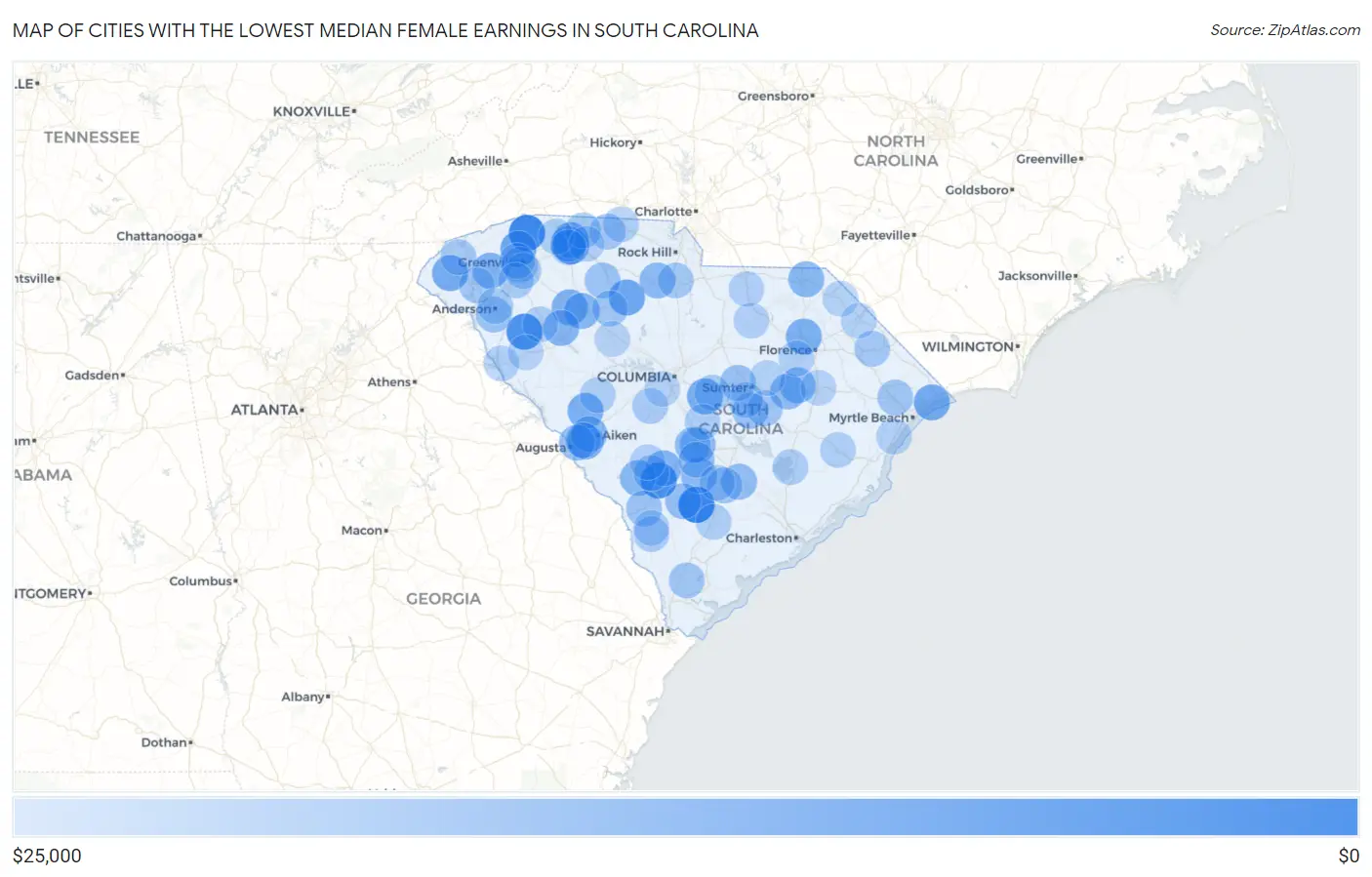 Cities with the Lowest Median Female Earnings in South Carolina Map