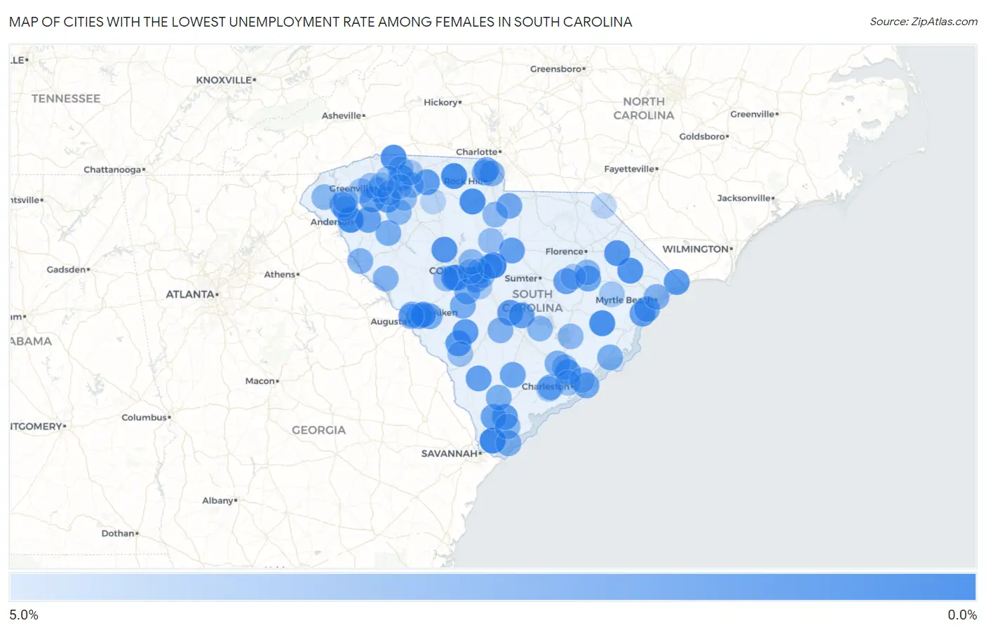 Cities with the Lowest Unemployment Rate Among Females in South Carolina Map