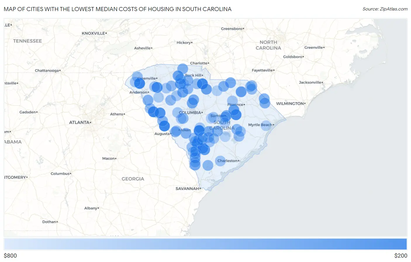 Cities with the Lowest Median Costs of Housing in South Carolina Map