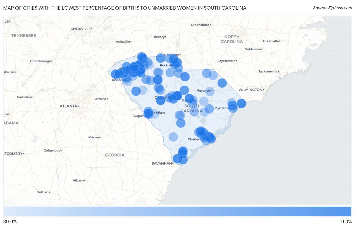 Cities with the Lowest Percentage of Births to Unmarried Women in South Carolina Map