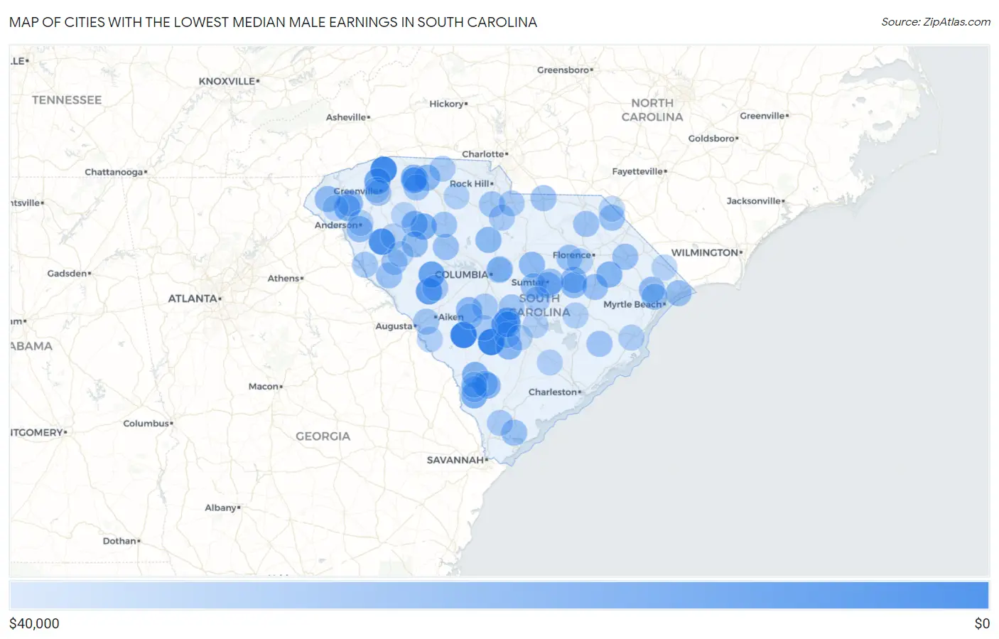 Cities with the Lowest Median Male Earnings in South Carolina Map