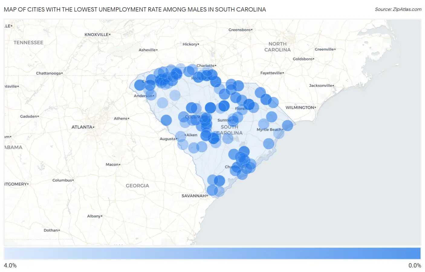 Cities with the Lowest Unemployment Rate Among Males in South Carolina Map
