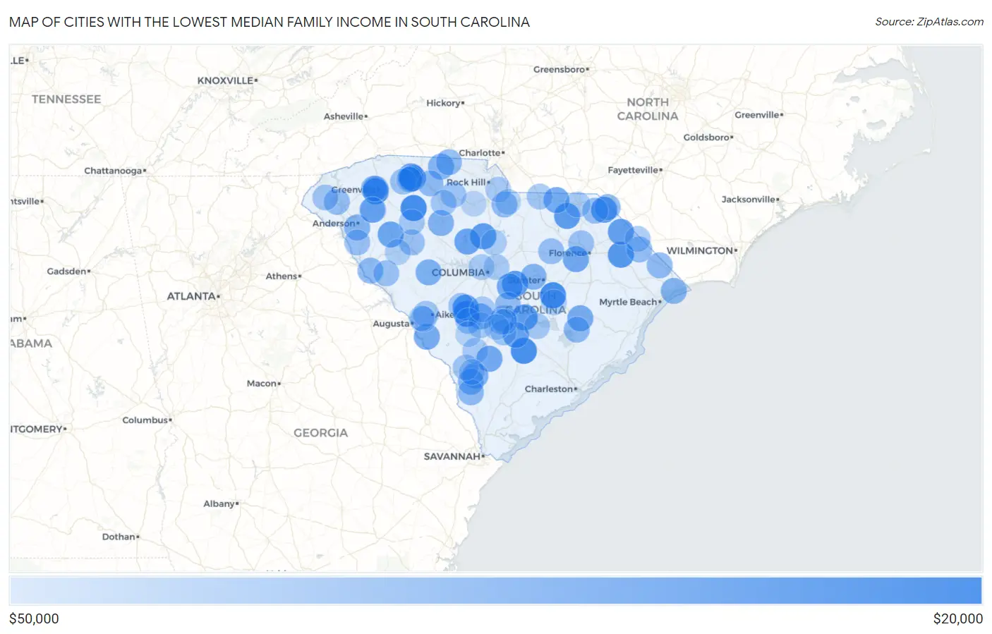 Cities with the Lowest Median Family Income in South Carolina Map