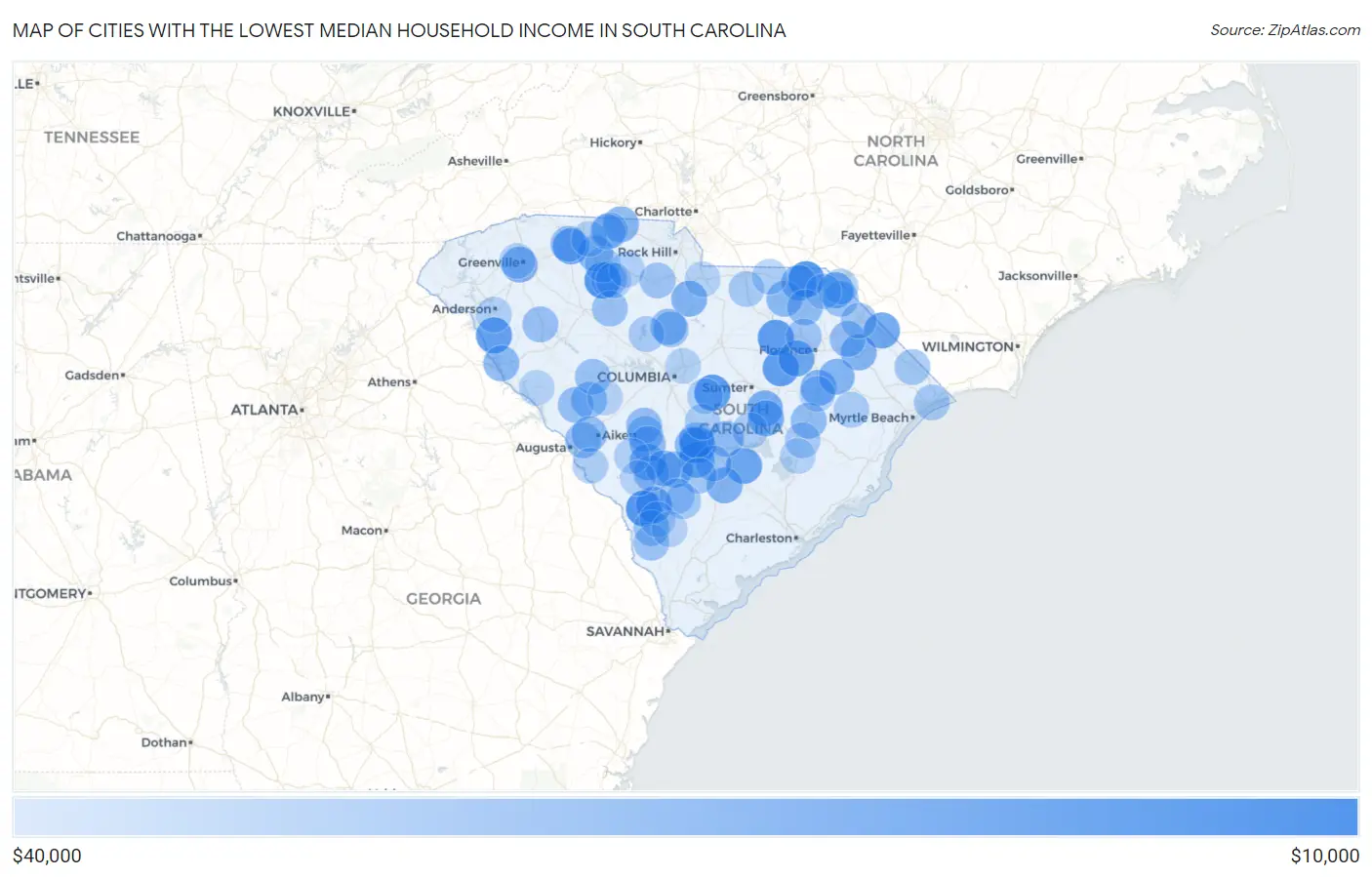 Cities with the Lowest Median Household Income in South Carolina Map