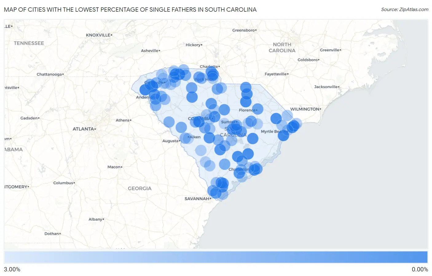 Cities with the Lowest Percentage of Single Fathers in South Carolina Map