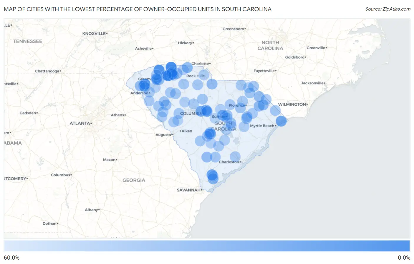 Cities with the Lowest Percentage of Owner-Occupied Units in South Carolina Map