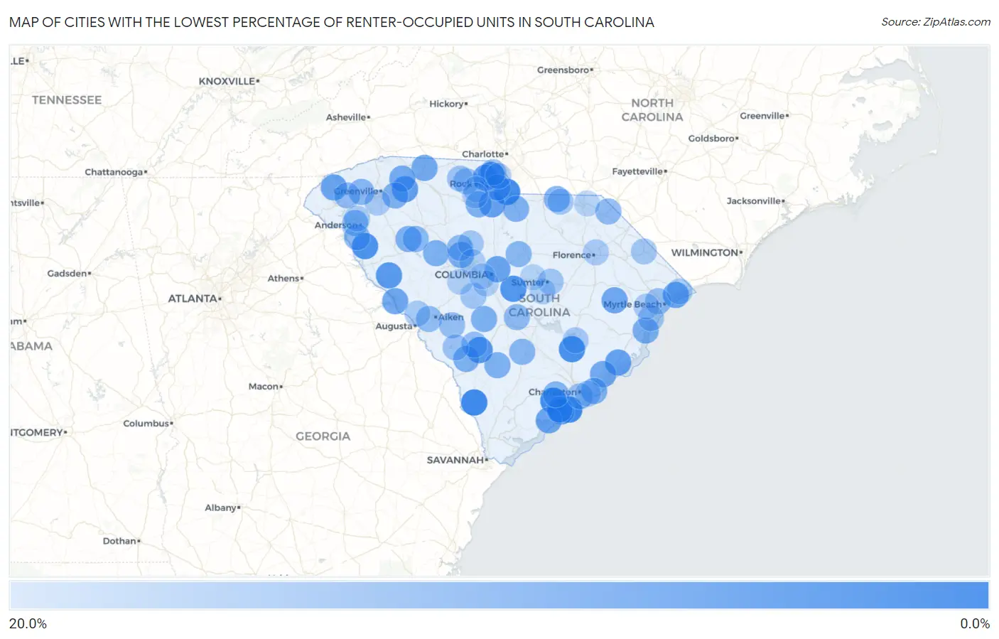 Cities with the Lowest Percentage of Renter-Occupied Units in South Carolina Map