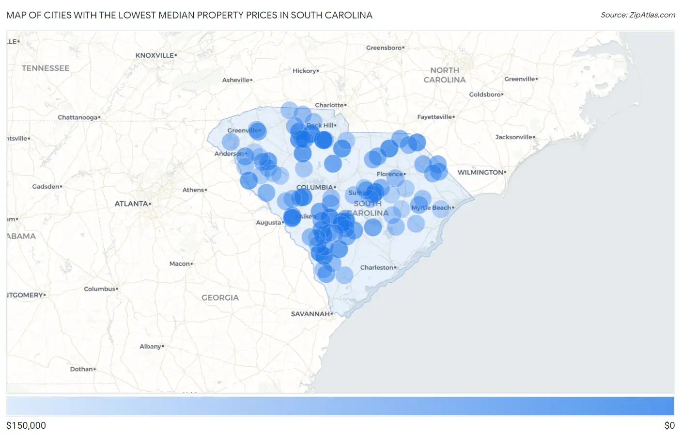 Cities with the Lowest Median Property Prices in South Carolina Map