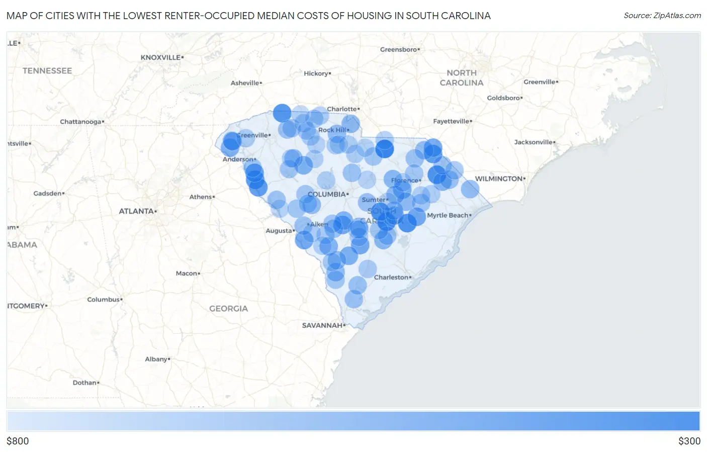 Cities with the Lowest Renter-Occupied Median Costs of Housing in South Carolina Map