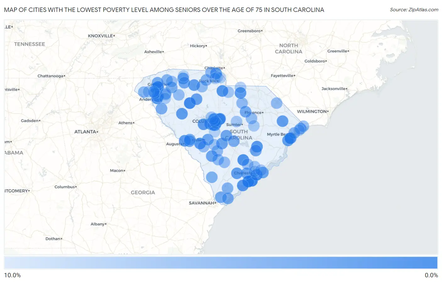 Cities with the Lowest Poverty Level Among Seniors Over the Age of 75 in South Carolina Map
