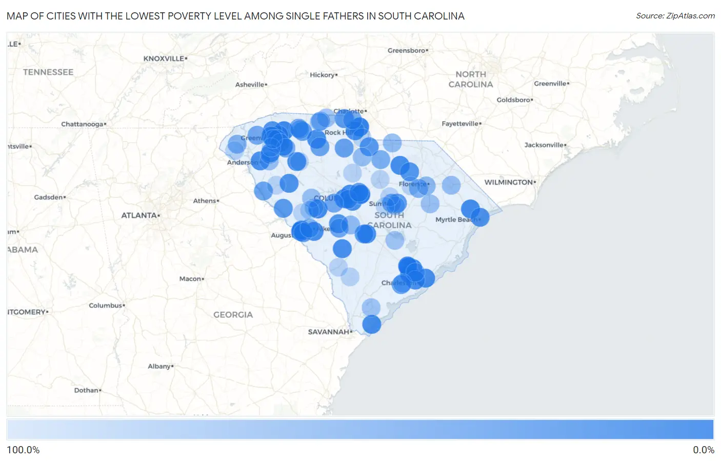 Cities with the Lowest Poverty Level Among Single Fathers in South Carolina Map