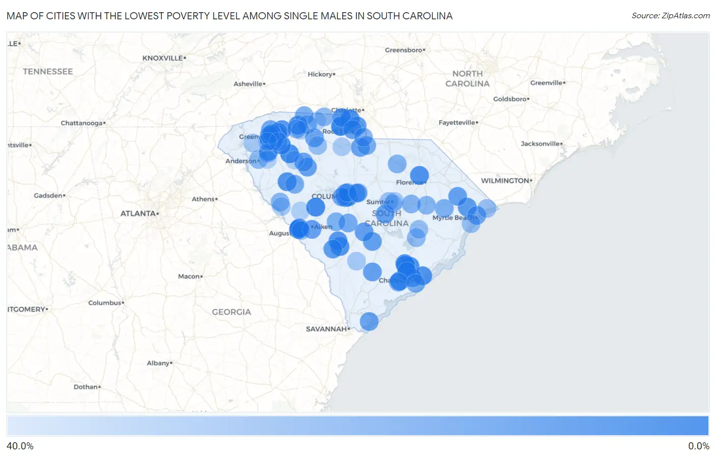 Cities with the Lowest Poverty Level Among Single Males in South Carolina Map