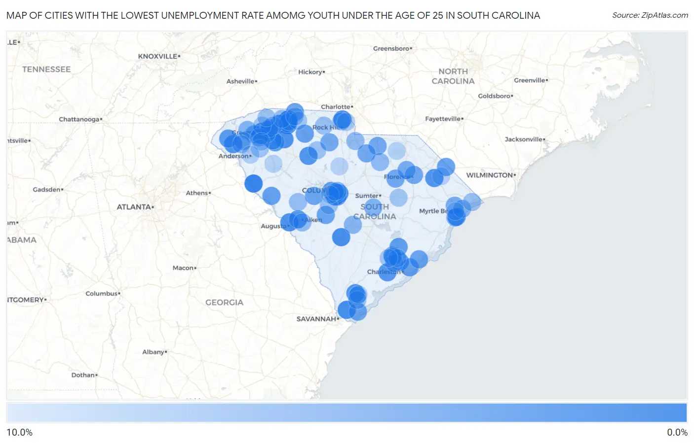 Cities with the Lowest Unemployment Rate Amomg Youth Under the Age of 25 in South Carolina Map