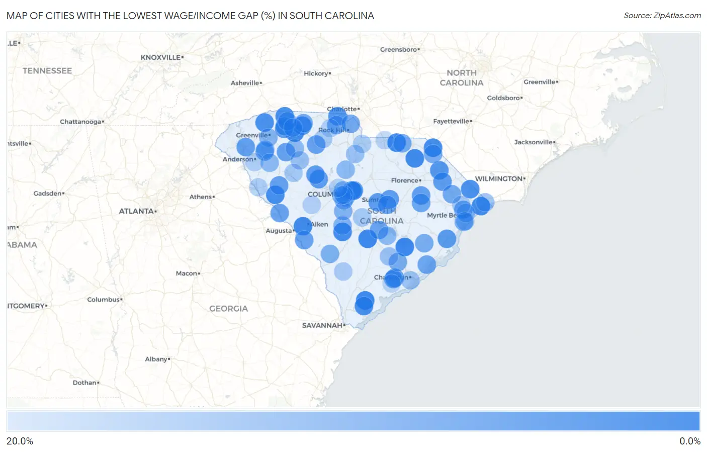 Cities with the Lowest Wage/Income Gap (%) in South Carolina Map