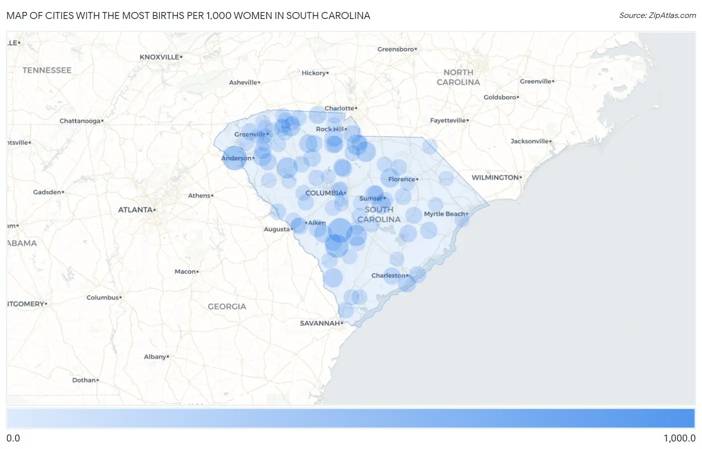 Cities with the Most Births per 1,000 Women in South Carolina Map