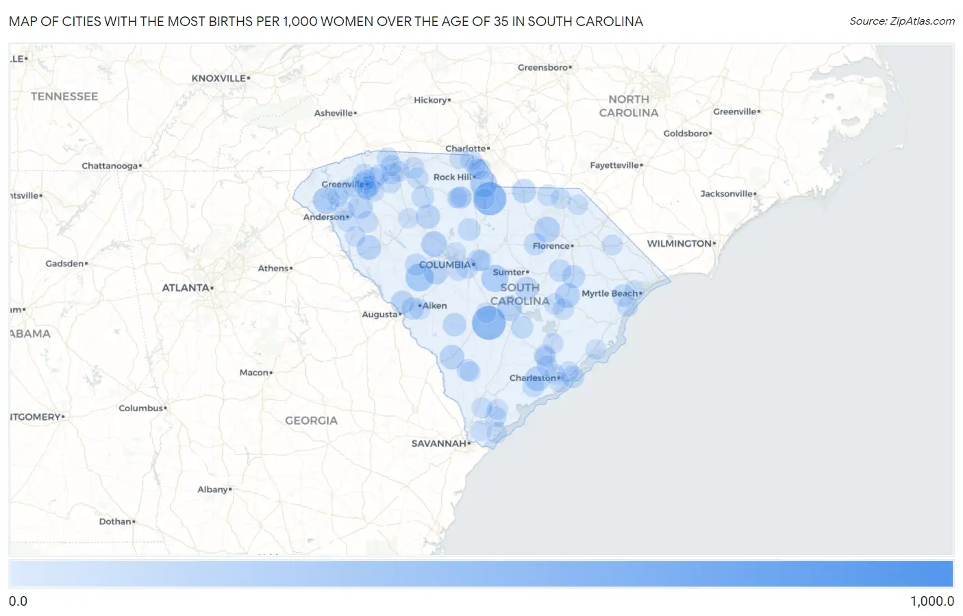 Cities with the Most Births per 1,000 Women Over the Age of 35 in South Carolina Map